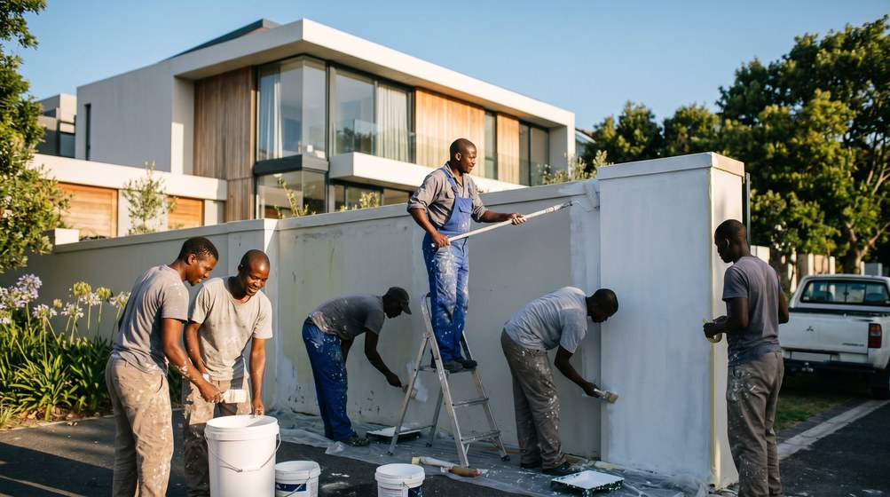 Professional team painting a boundary wall at a modern home in Milnerton
