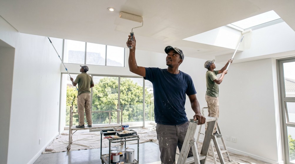 Professional ceiling painters rolling white paint onto a high ceiling in Milnerton