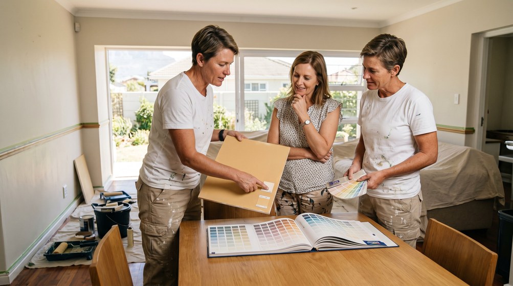 Professional colour consultant showing paint swatches to a homeowner in Milnerton