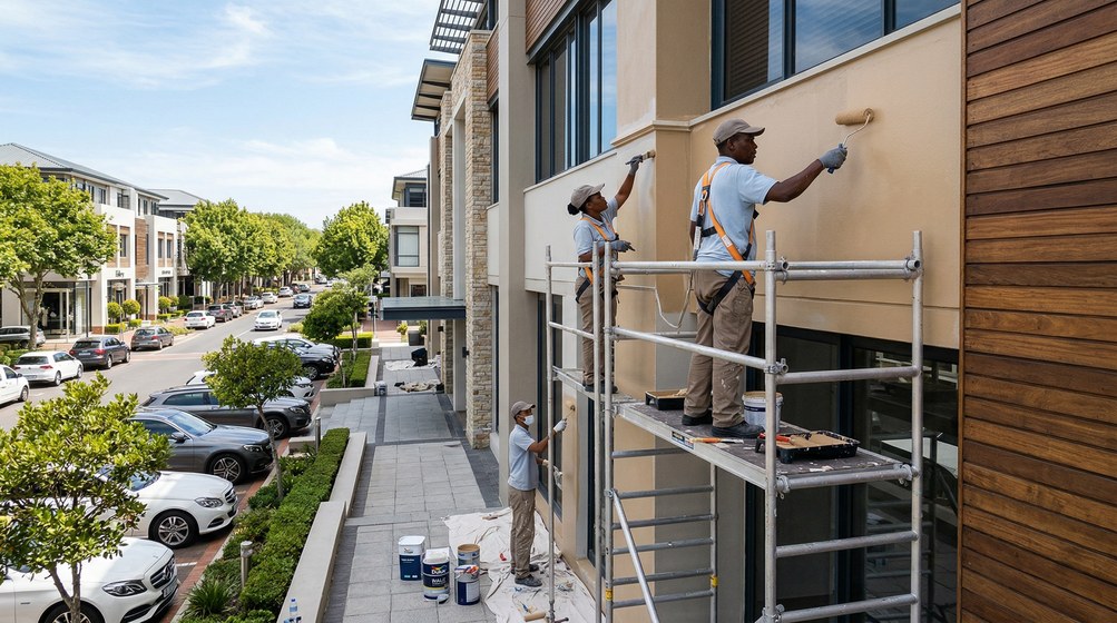 Professional commercial painters on scaffolding painting a building on the Milnerton