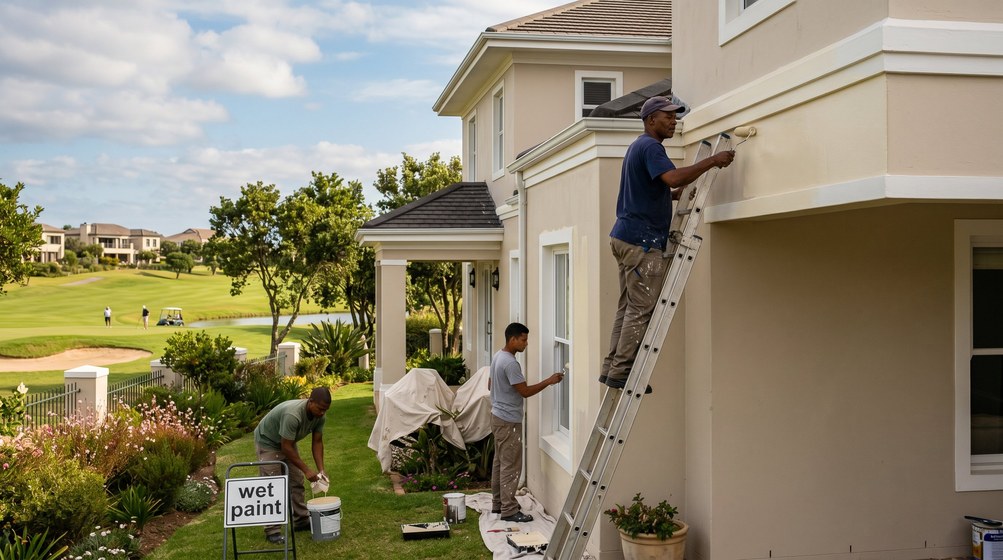 Professional estate painters painting a luxury golf estate home on the Milnerton