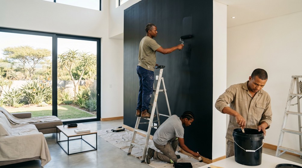 Professional painters creating a bold black feature wall in a modern Milnerton home
