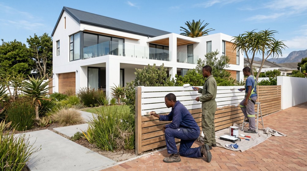 Professional fence painters painting a wooden fence at a Milnerton home in Milnerton