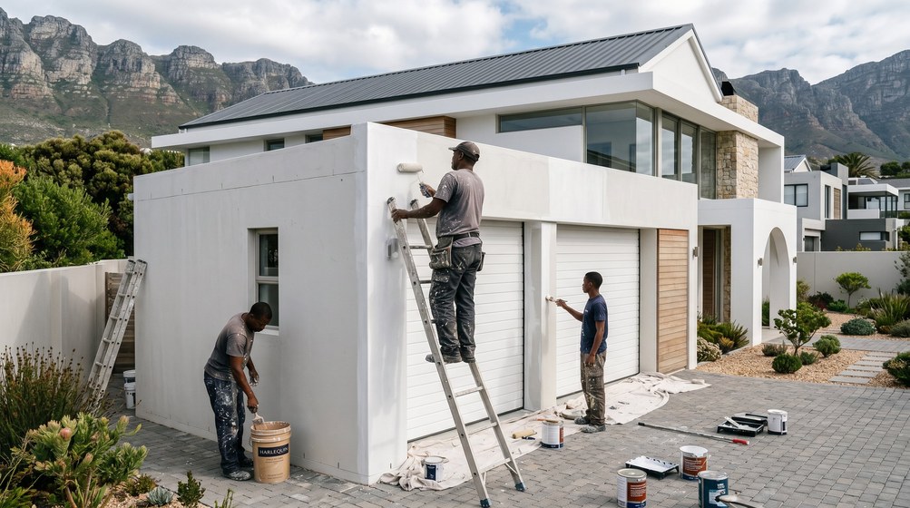 Professional painters painting a double garage exterior and garage doors in Milnerton