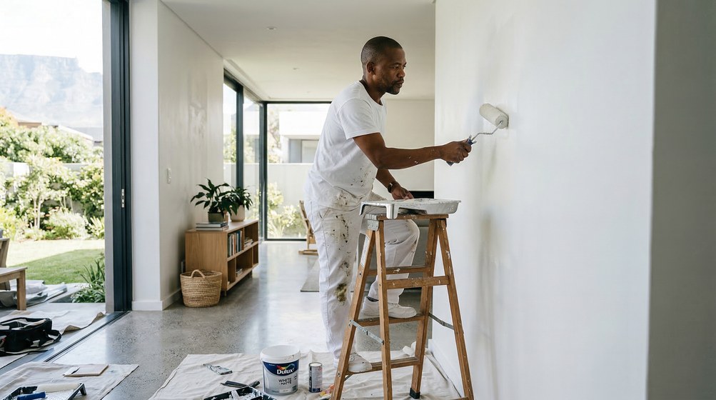 Professional interior painter in Milnerton painting walls with a roller