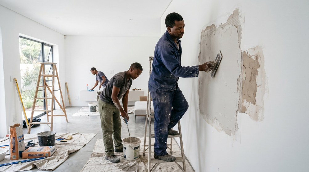 Professional plaster repair team skim coating damaged walls in Milnerton