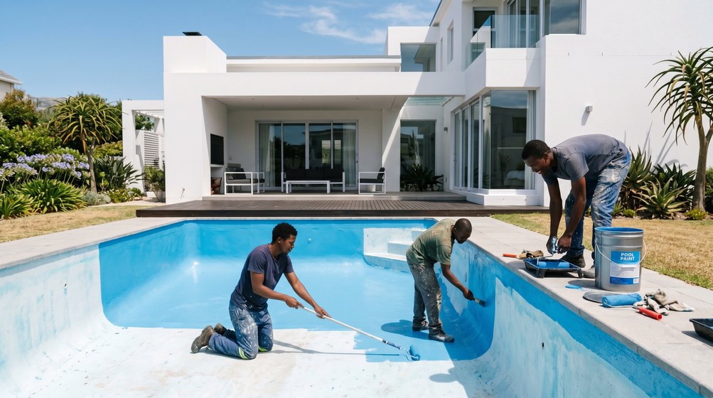Professional pool painters applying blue pool paint to a swimming pool in Milnerton