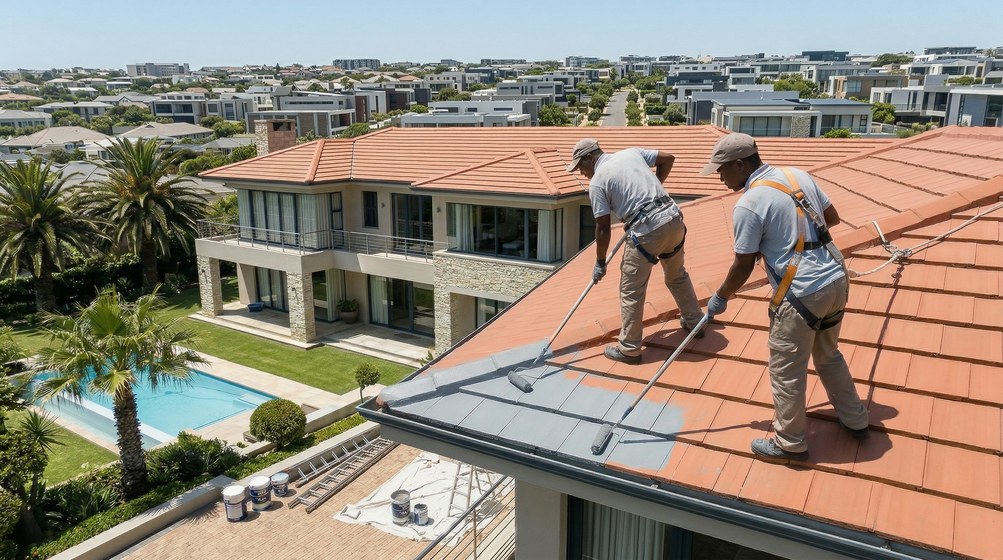 Professional roof painters applying waterproof coating to tiled roof in Milnerton