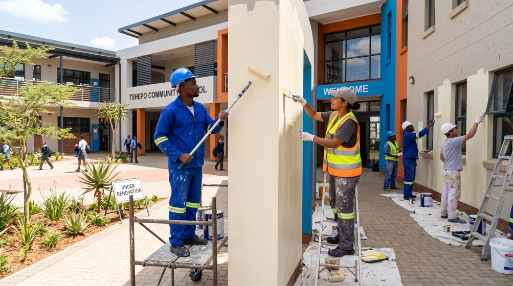 Professional school painting team painting a community school on the Milnerton