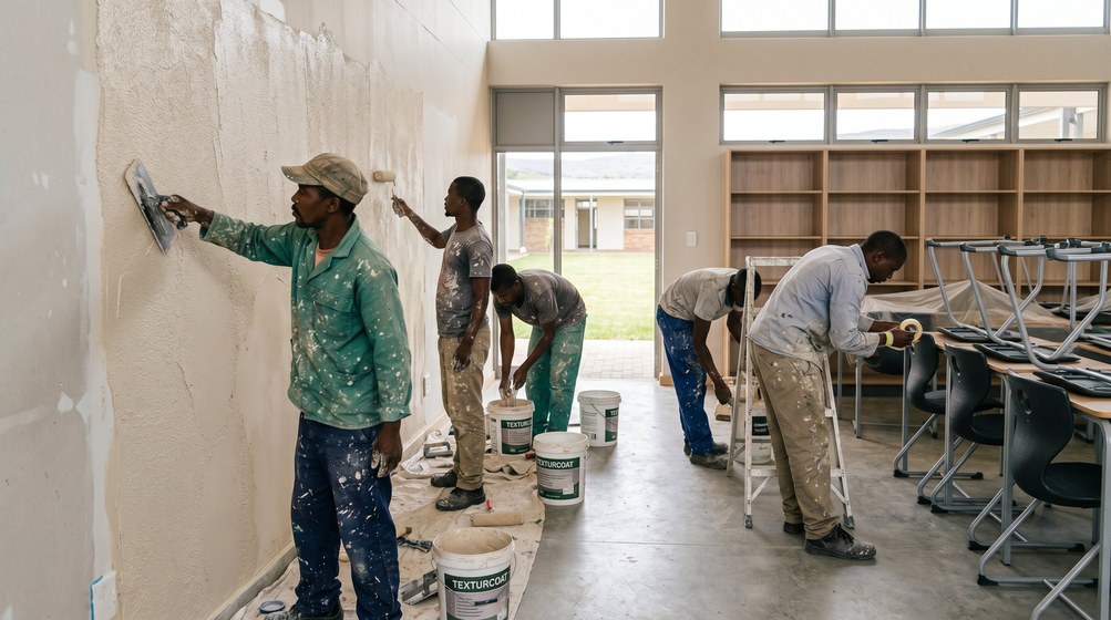 Professional texture coating team applying Texturcoat to interior walls in Milnerton