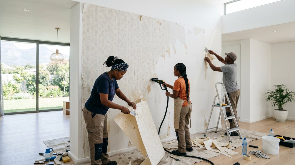 Professional wallpaper removal team stripping old wallpaper in a Milnerton home