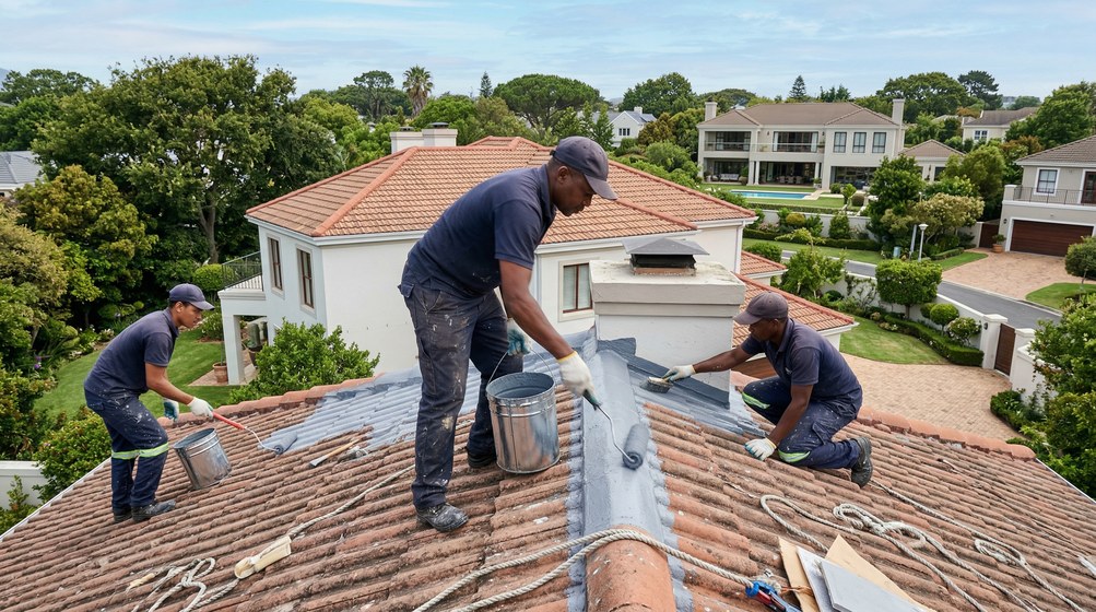 Professional waterproofing team applying membrane to roof in Milnerton