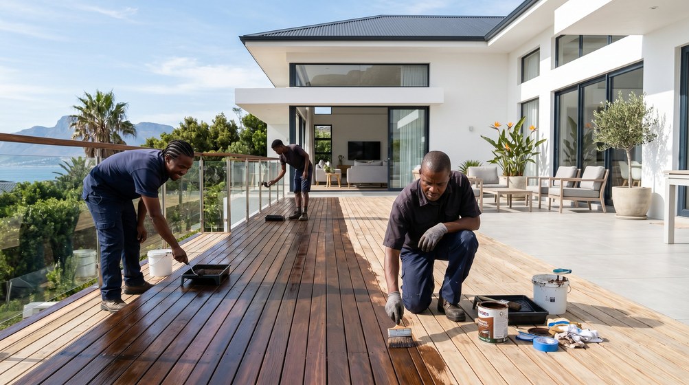 Professional wood staining team applying deck stain overlooking the ocean in Milnerton